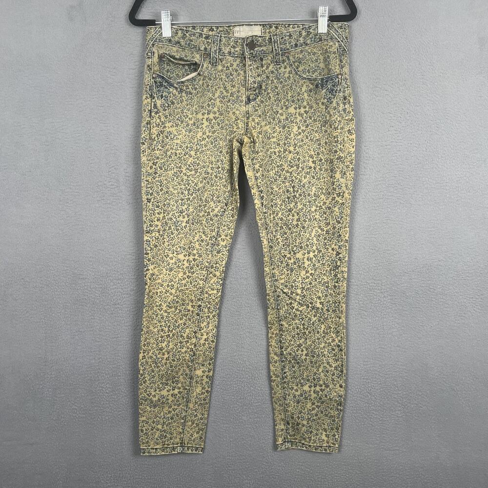 Free People Jeans Womens 29 Blue Tan Floral Print Skinny Pants Stretch USA 8126